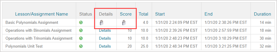 The "locked" icon appears in the Details and Score columns of the View Panel table when results viewing is resricted.